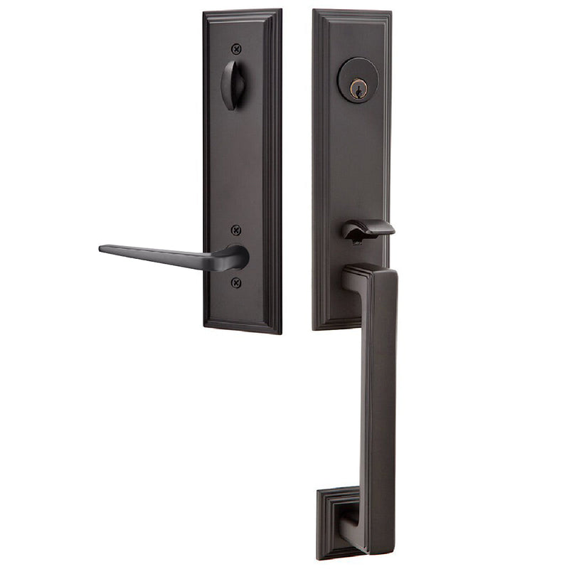 Emtek Single Cylinder Wilshire Tubular Entrance Handleset With Right Handed Athena Lever in Flat Black finish