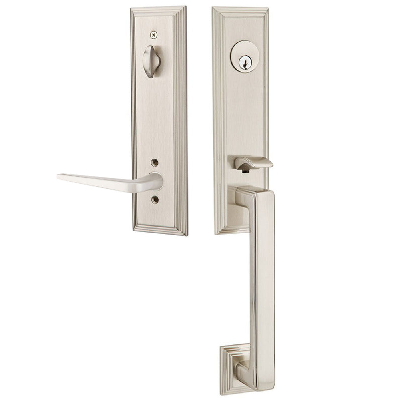 Emtek Single Cylinder Wilshire Tubular Entrance Handleset With Right Handed Athena Lever in Satin Nickel finish