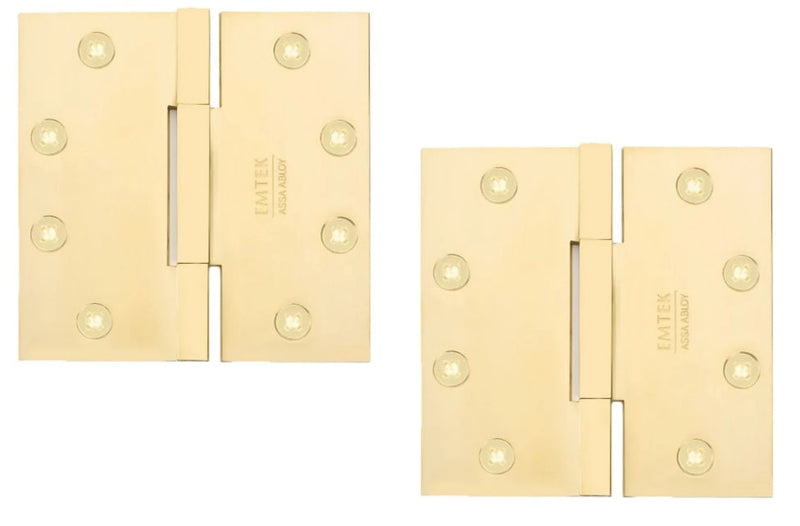 Emtek Square Barrel Heavy Duty Solid Brass Hinge, 4.5" x 4.5", 0.125" Thickness in Unlacquered Brass finish