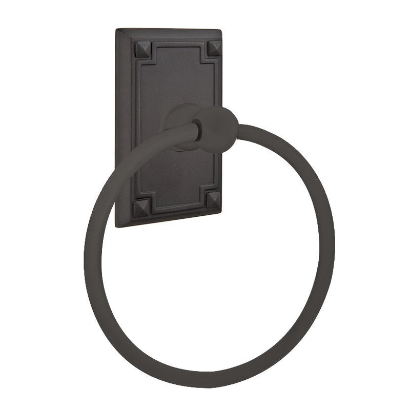 Emtek Traditional Brass Towel Ring (6 7/8" Overall) With Arts & Crafts Rosette in Flat Black finish