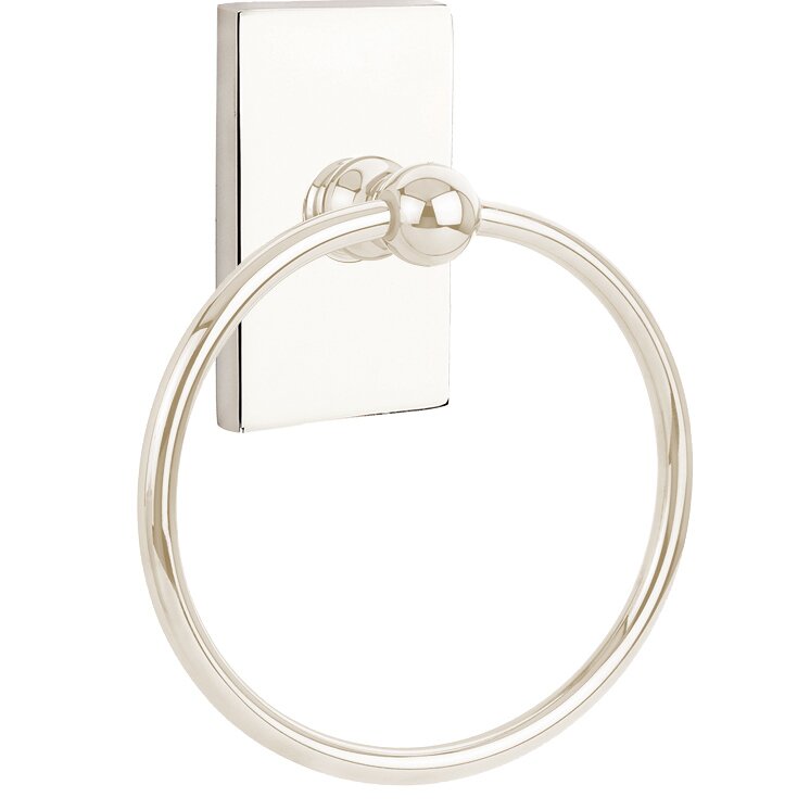 Emtek Traditional Brass Towel Ring (6 7/8" Overall) With Modern Rectangular Rosette in Lifetime Polished Nickel finish