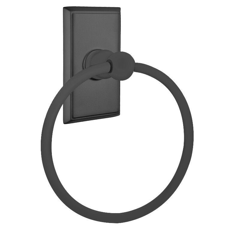 Emtek Traditional Brass Towel Ring (6 7/8" Overall) With Rectangular Rosette in Flat Black finish