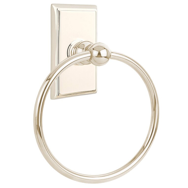 Emtek Traditional Brass Towel Ring (6 7/8" Overall) With Rectangular Rosette in Lifetime Polished Nickel finish