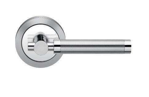 Karcher New York Passage Lever with Round 3 Piece Rosette-2 ¾″ Backset in Polished and Satin Stainless Steel finish