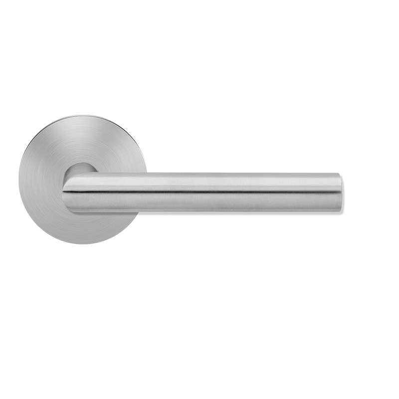 Karcher Rhodos Passage Lever with Plan Design Round Rosette-2 ⅜″ Backset in Satin Stainless Steel finish
