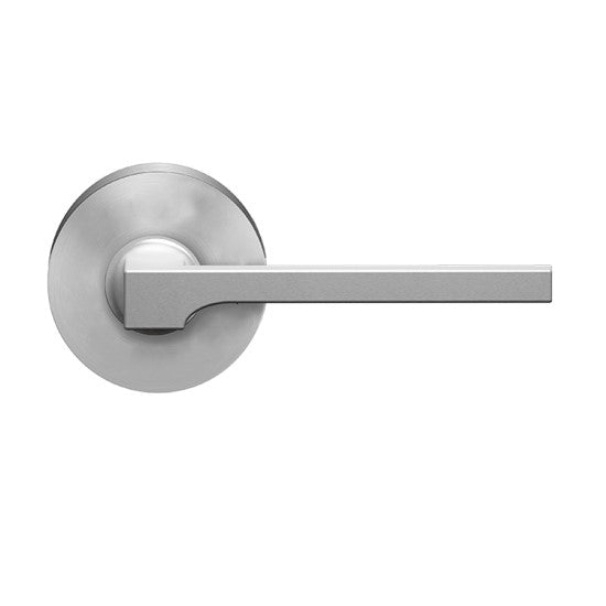 Karcher Soho Passage Lever with Plan Design Round Rosette-2 ¾″ Backset in Satin Stainless Steel finish