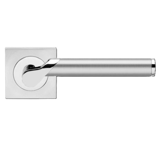 Karcher Starlight Passage Lever with Square 3 Piece Rosette-2 ⅜″ Backset in Chrome and Satin Stainless Steel finish