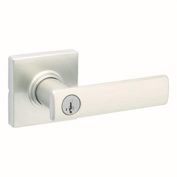 Kwikset Breton Lever With Square Rosette Entry Door Lock With SmartKey in Satin Nickel finish