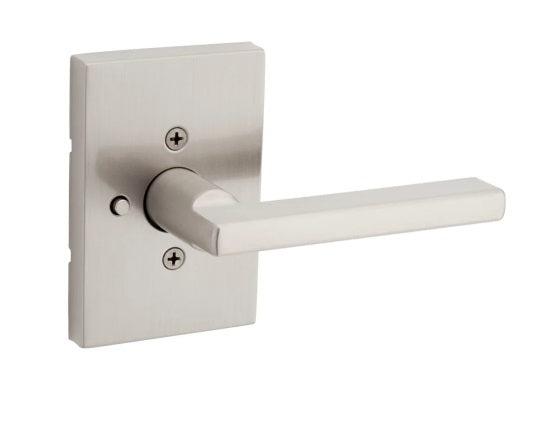 Kwikset Halifax Privacy Lever with Rectangle Rosette in Satin Nickel finish