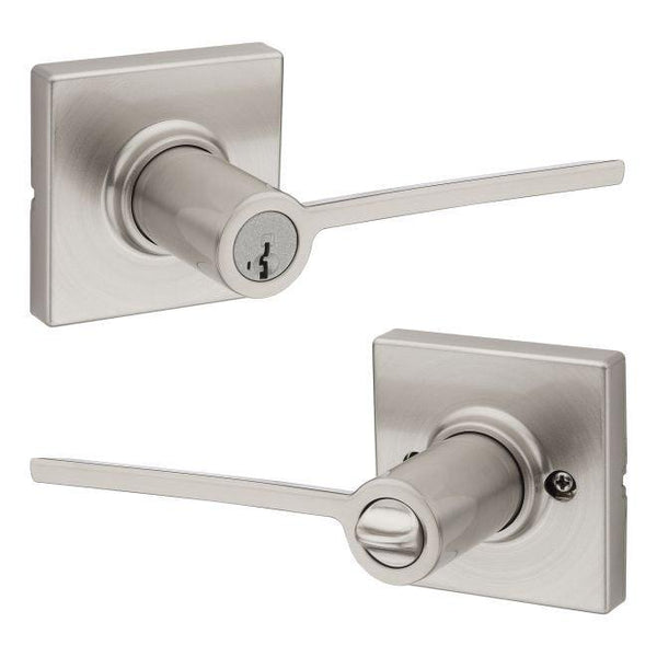 Kwikset Ladera Lever With Square Rosette Entry Door Lock With SmartKey in Satin Nickel finish