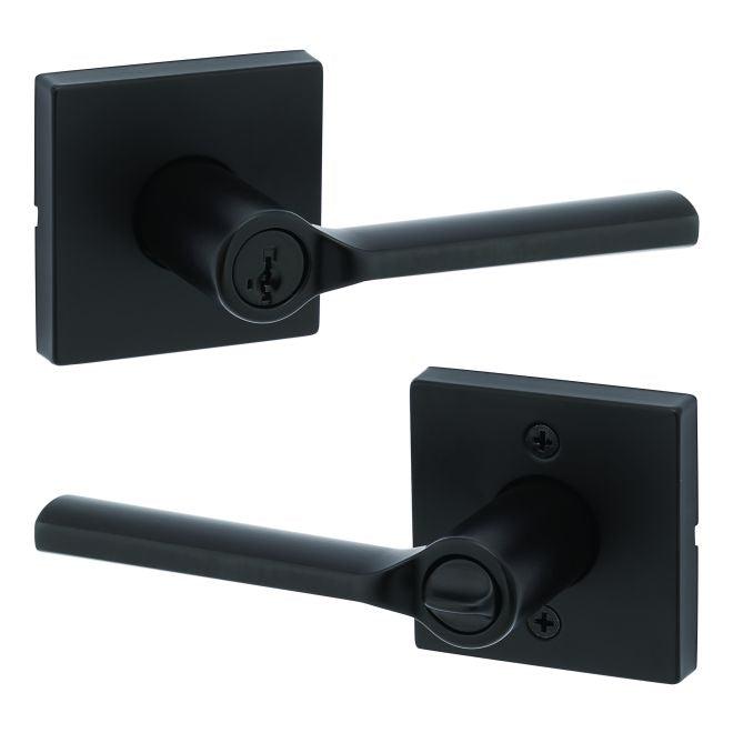 Kwikset Lisbon Lever With Square Rosette Entry Door Lock With SmartKey in Matte Black finish