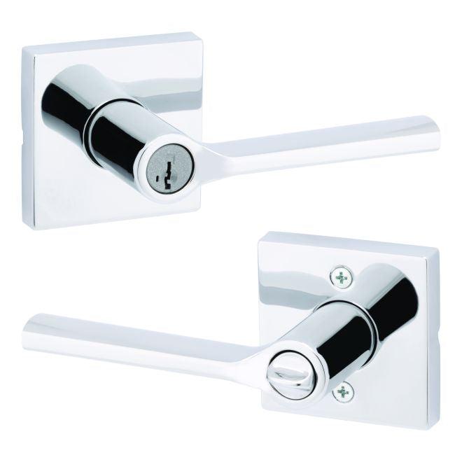 Kwikset Lisbon Lever With Square Rosette Entry Door Lock With SmartKey in Polished Chrome finish