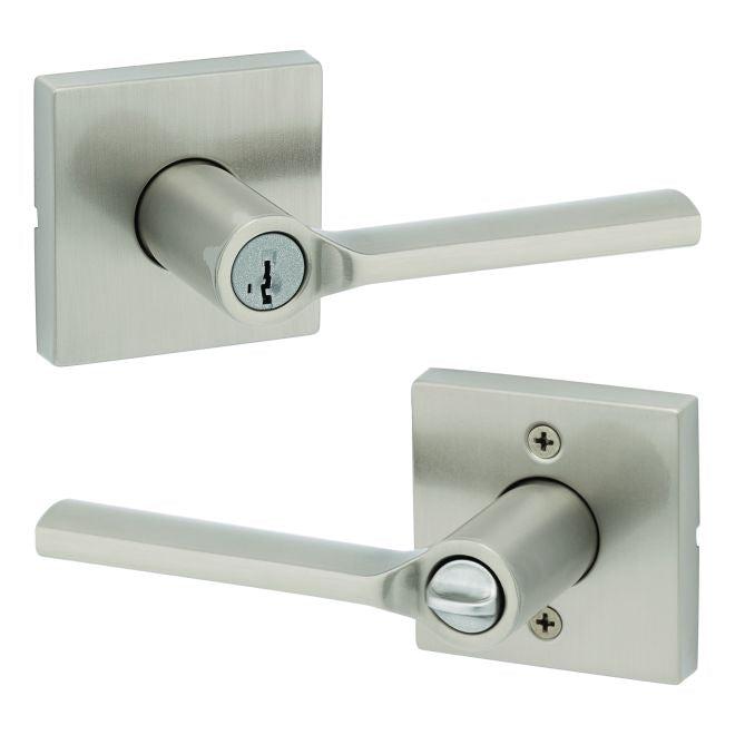 Kwikset Lisbon Lever With Square Rosette Entry Door Lock With SmartKey in Satin Nickel finish