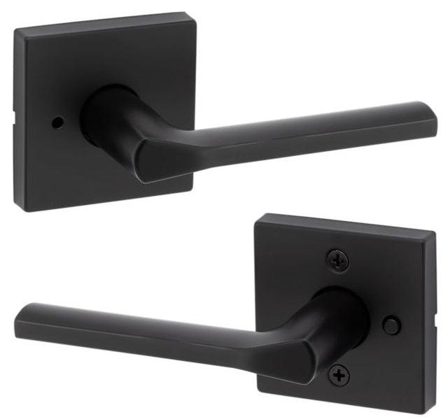 Kwikset Lisbon Privacy Door Lever With Square Rosette in Matte Black finish