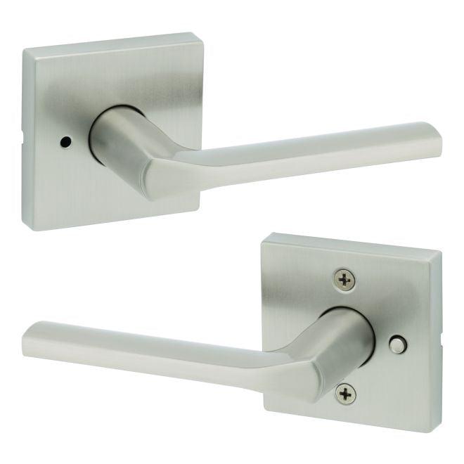 Kwikset Lisbon Privacy Door Lever With Square Rosette in Satin Nickel finish