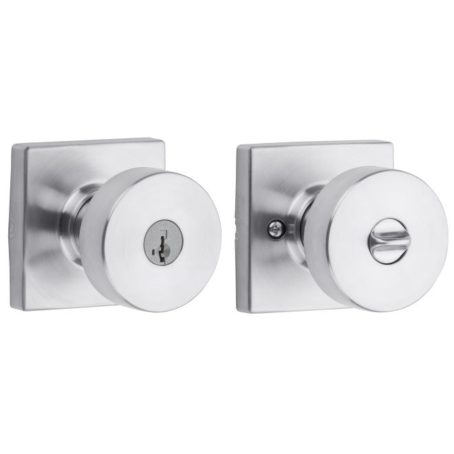 Kwikset Pismo Knob with Square Rosette Entry Lock with Smartkey in Satin Chrome finish