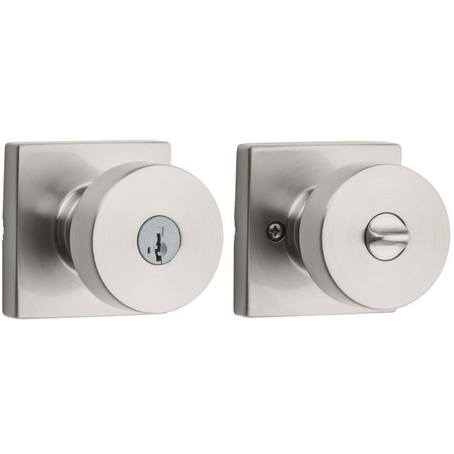 Kwikset Pismo Knob with Square Rosette Entry Lock with Smartkey in Satin Nickel finish