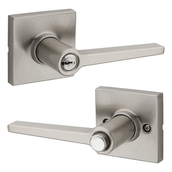 Kwikset Safelock Daylon Lever With Square Rosette Push Button Entry Lock in Satin Nickel finish