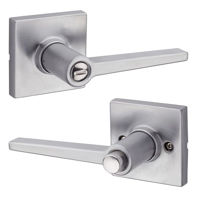 Kwikset Safelock Daylon Privacy Lever With Square Rosette in Satin Chrome finish