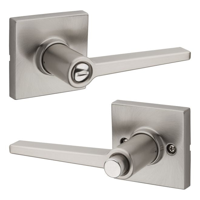 Kwikset Safelock Daylon Privacy Lever With Square Rosette in Satin Nickel finish