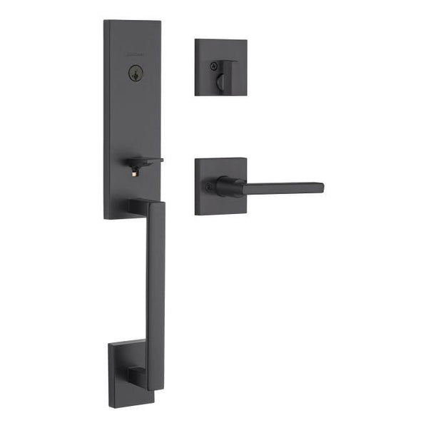 Kwikset Single Cylinder Vancouver Handleset with Interior Halifax Lever with SmartKey and Square Rosette in Matte Black finish