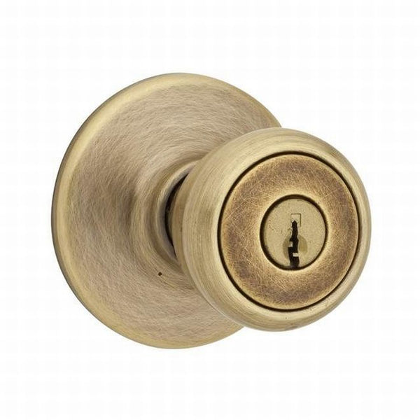Kwikset Tylo Knob Keyed Entry Door Lock in Antique Brass finish