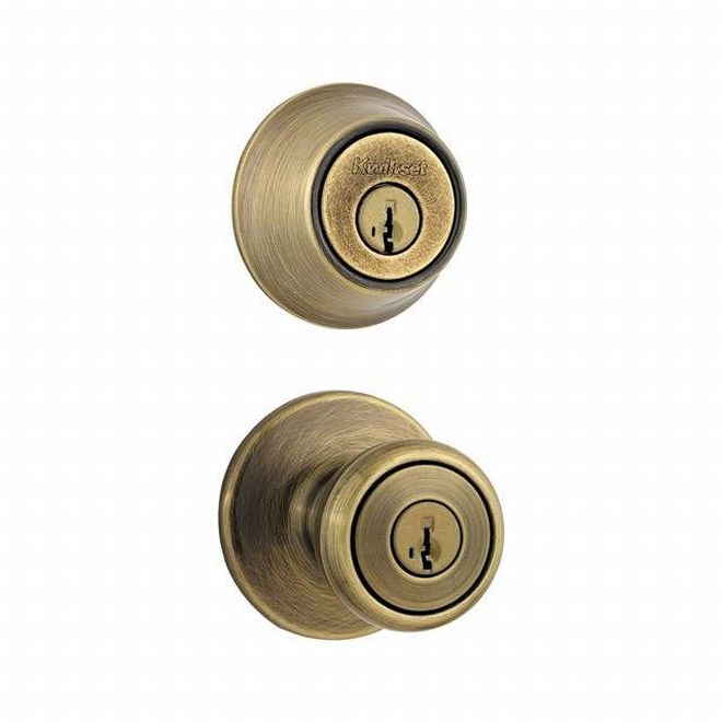 Kwikset Tylo SmartKey Single Cylinder Knobset and Deadbolt Combo Pack in Antique Brass finish