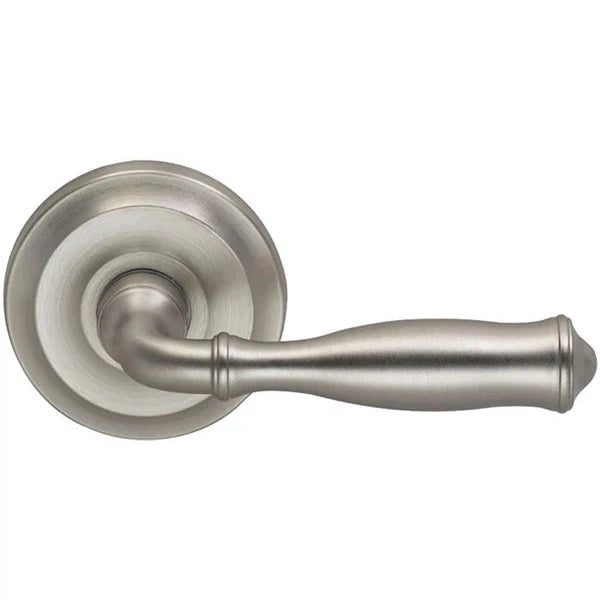 The Omnia Traditions 944 Lever with Round Rosette in Satin Nickel, Lacquered finish