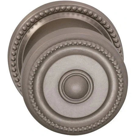 The Omnia Traditions Beaded 430 Knob with Round Beaded Rosette in Satin Nickel, Lacquered finish