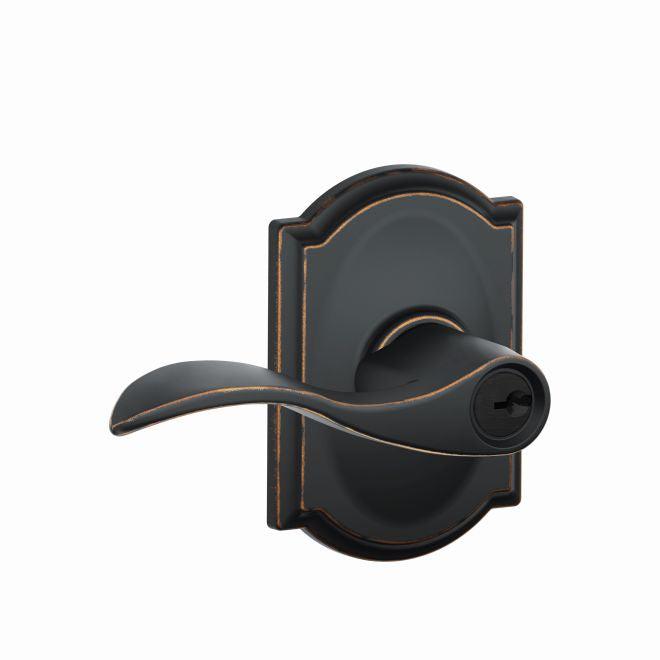 Schlage Accent Lever With Camelot Rosette Keyed Entry Lock in Aged Bronze finish