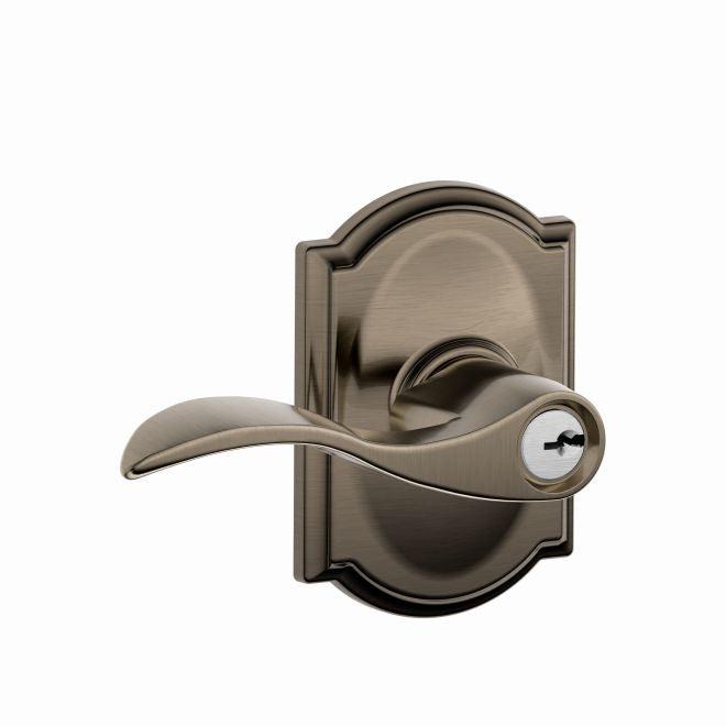 Schlage Accent Lever With Camelot Rosette Keyed Entry Lock in Antique Pewter finish