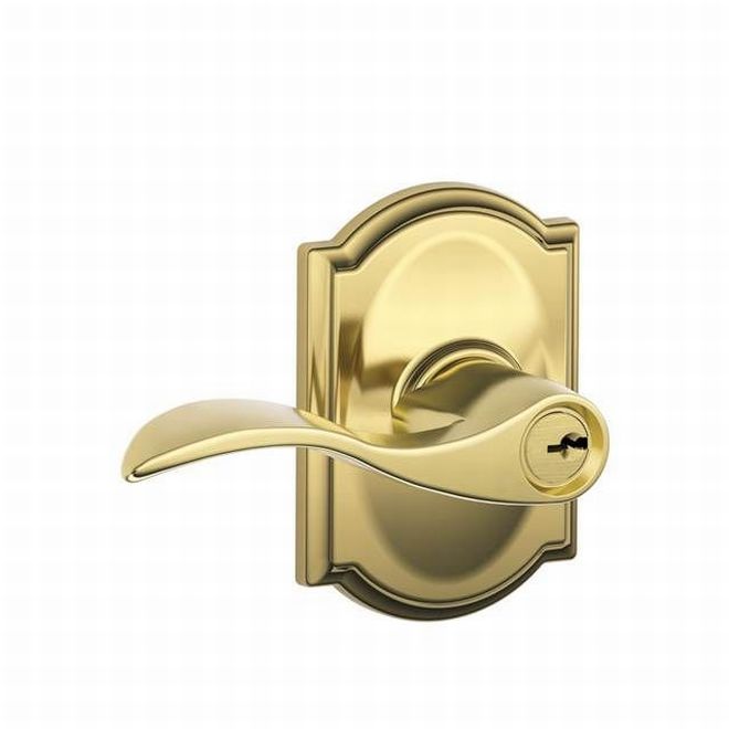 Schlage Accent Lever With Camelot Rosette Keyed Entry Lock in Bright Brass finish