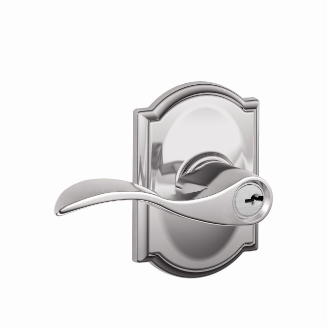 Schlage Accent Lever With Camelot Rosette Keyed Entry Lock in Bright Chrome finish