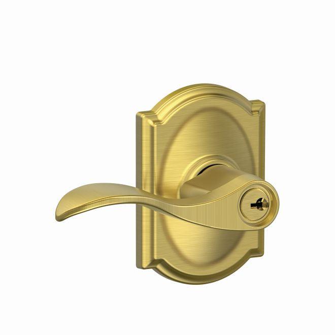 Schlage Accent Lever With Camelot Rosette Keyed Entry Lock in Satin Brass finish