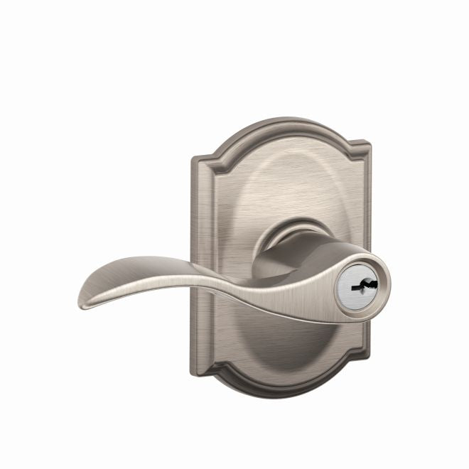 Schlage Accent Lever With Camelot Rosette Keyed Entry Lock in Satin Nickel finish