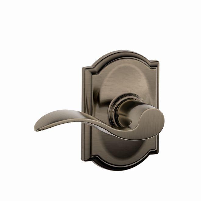 Schlage Accent Passage Lever With Camelot Rosette in Antique Pewter finish