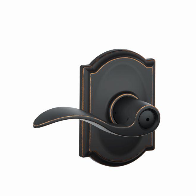 Schlage Accent Privacy Lever With Camelot Rosette in Aged Bronze finish