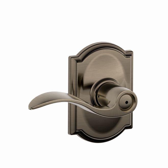 Schlage Accent Privacy Lever With Camelot Rosette in Antique Pewter finish