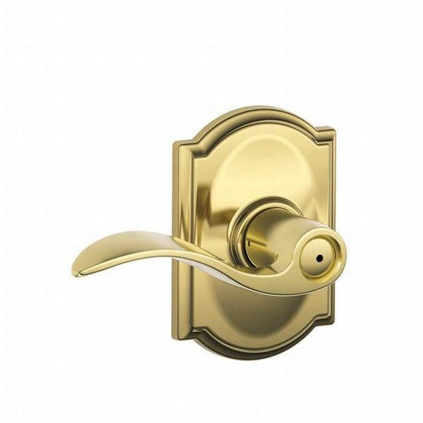 Schlage Accent Privacy Lever With Camelot Rosette in Bright Brass finish