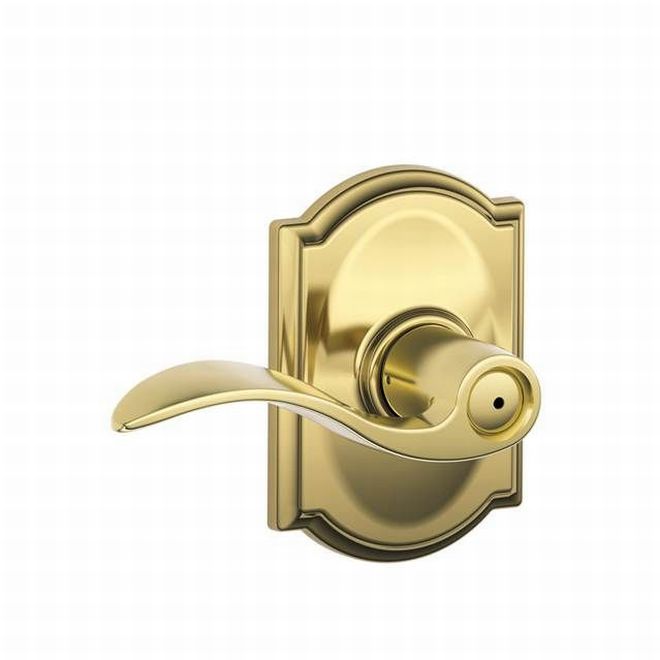 Schlage Accent Privacy Lever With Camelot Rosette in Bright Brass finish