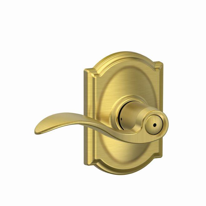 Schlage Accent Privacy Lever With Camelot Rosette in Satin Brass finish