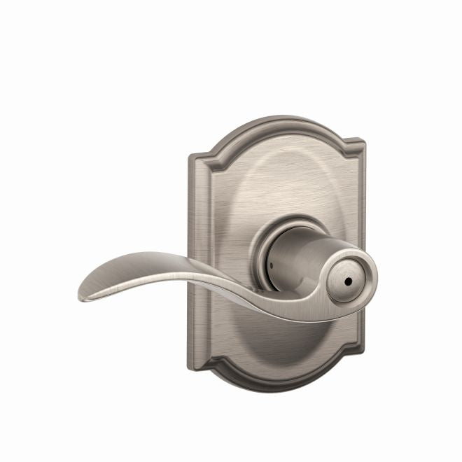 Schlage Accent Privacy Lever With Camelot Rosette in Satin Nickel finish