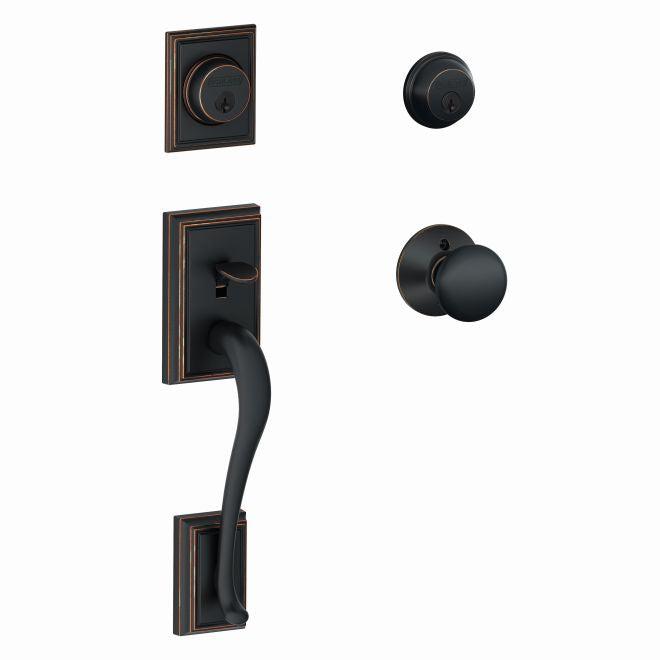 Schlage Addison Double Cylinder Handleset With Plymouth Knob in Aged Bronze finish