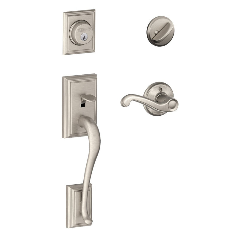 Schlage Addison Single Cylinder Handleset with Handed Flair Lever in Satin Nickel finish