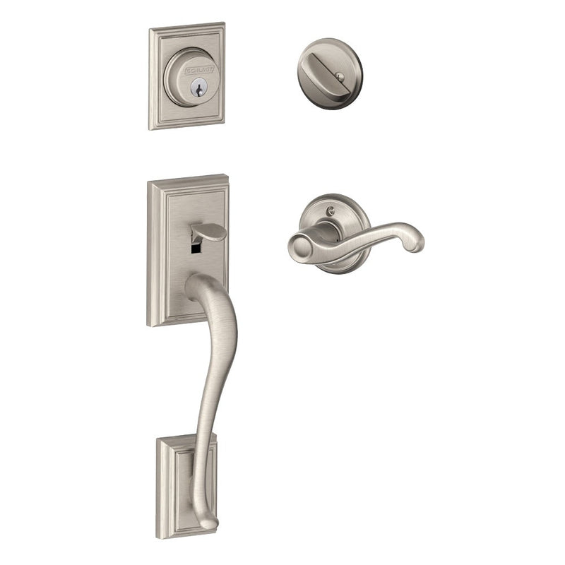 Schlage Addison Single Cylinder Handleset with Left Handed Flair Lever in Satin Nickel finish