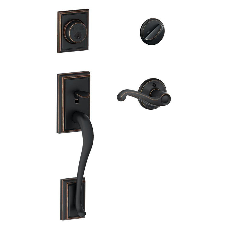 Schlage Addison Single Cylinder Handleset with Right Handed Flair Lever in Aged Bronze finish