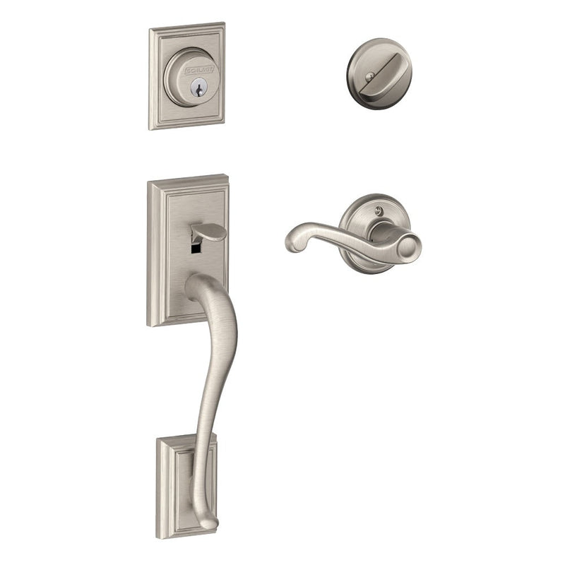 Schlage Addison Single Cylinder Handleset with Right Handed Flair Lever in Satin Nickel finish