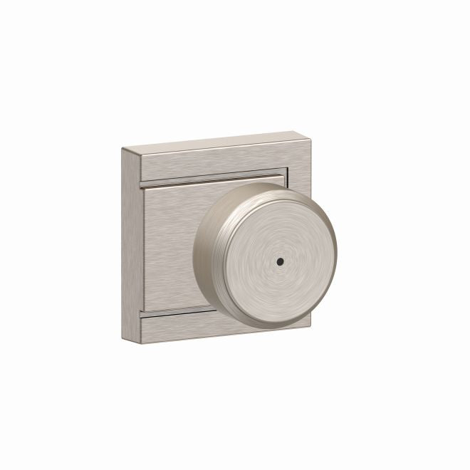 Schlage Bowery Privacy Knob With Upland Rosette in Satin Nickel finish