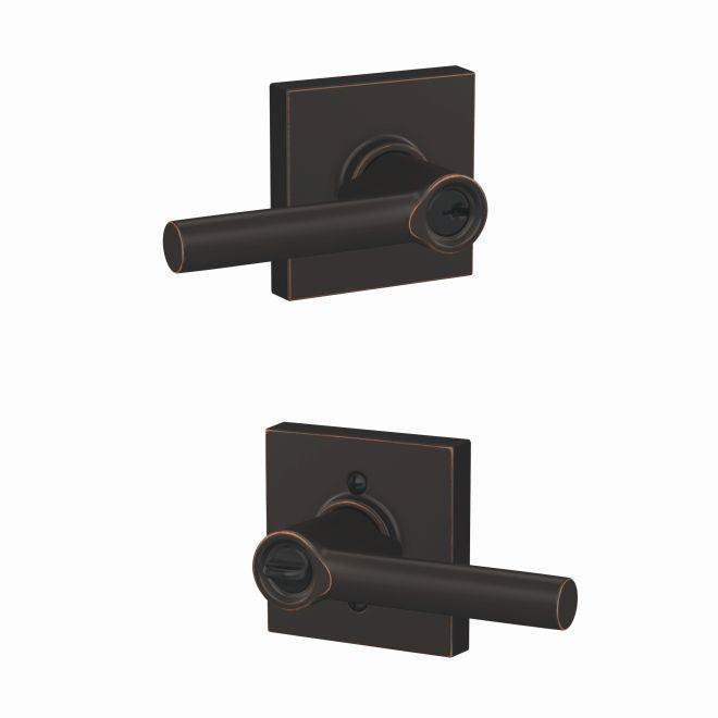 Schlage Broadway Lever With Collins Rosette Keyed Entry Lock in Aged Bronze finish