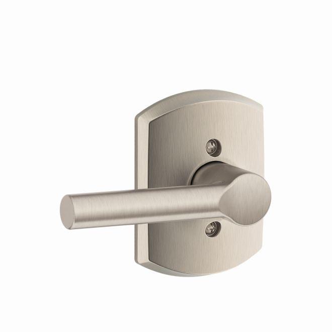 Schlage Broadway Lever With Greenwich Rosette Half Dummy in Satin Nickel finish